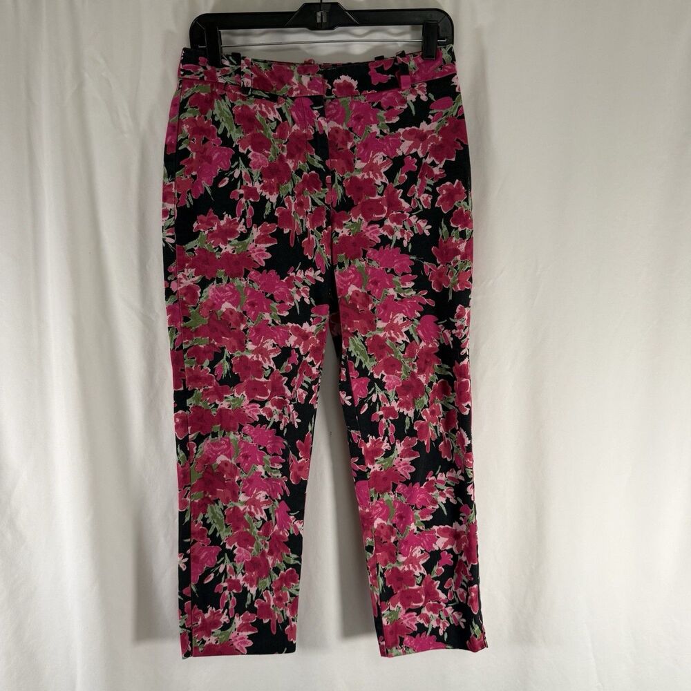 Talbots Curvy Pants Women's 4 Black Pink Floral Mid Rise Cropped Cotton Blend